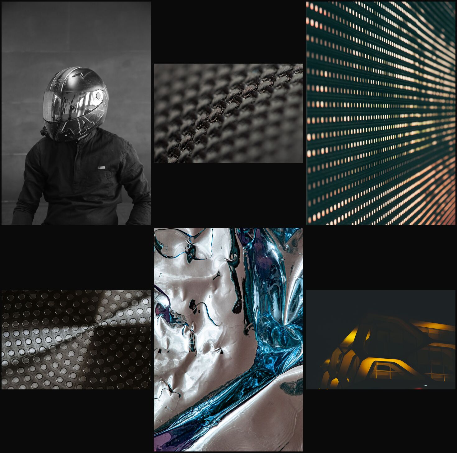Moodboard de materiales: casco, polímero, LED, metal cepillado, cromo, arquitectura