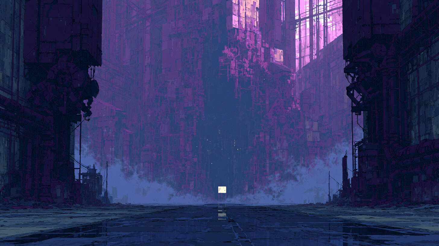 Frame de apertura en estilo anime, calle nocturna violeta con niebla