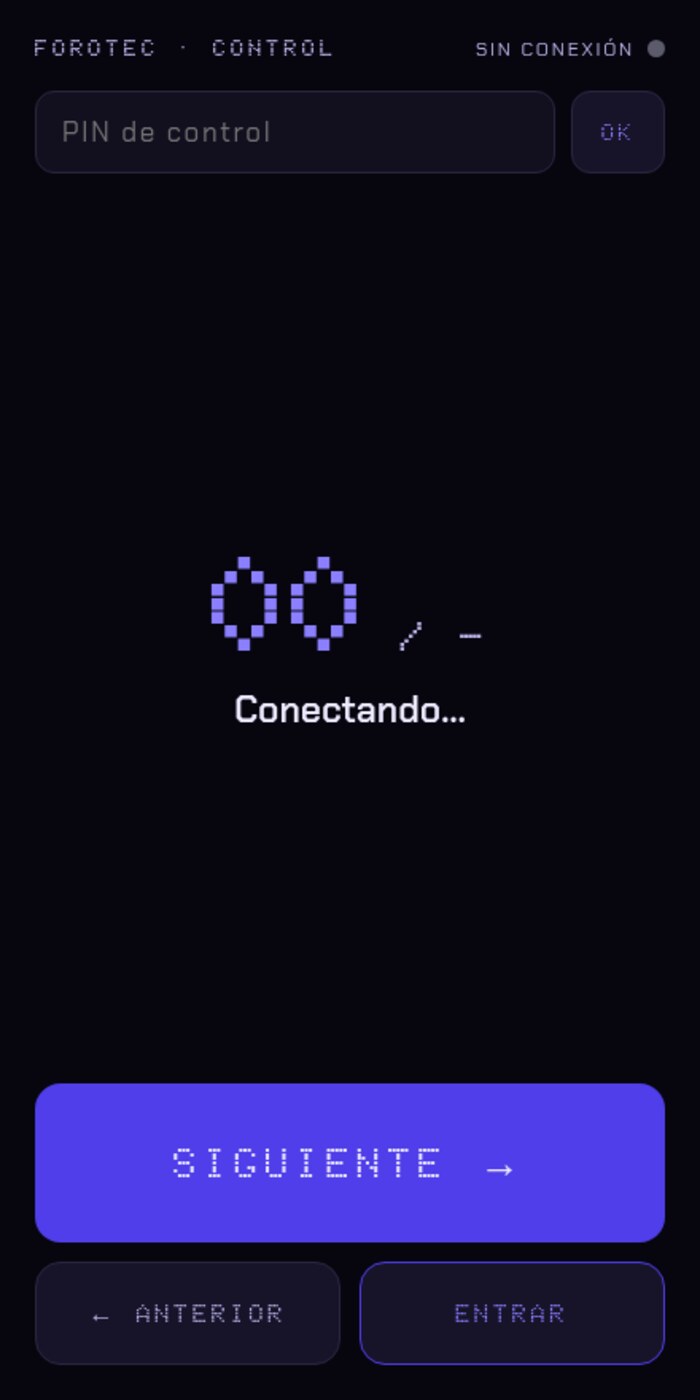 Control remoto en el teléfono: campo de PIN, número de slide en matriz de puntos, botones grandes de Siguiente, Anterior y Entrar